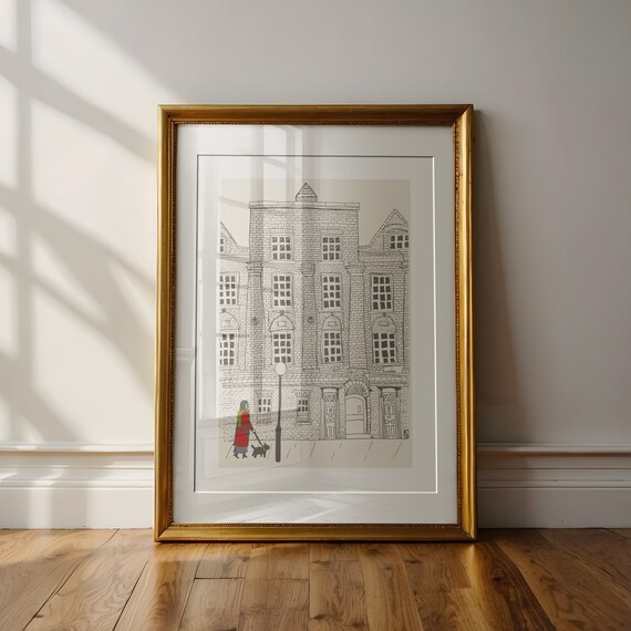 London Dog Walker Travel Art Print, Architecture Drawing