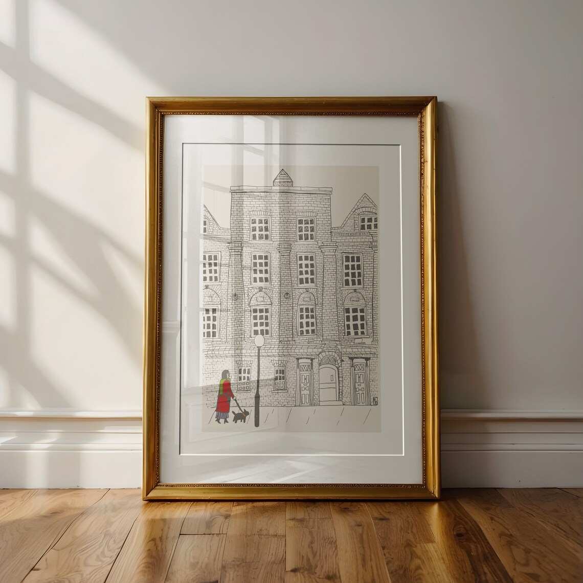 London Dog Walker Travel Art Print, Architecture Drawing