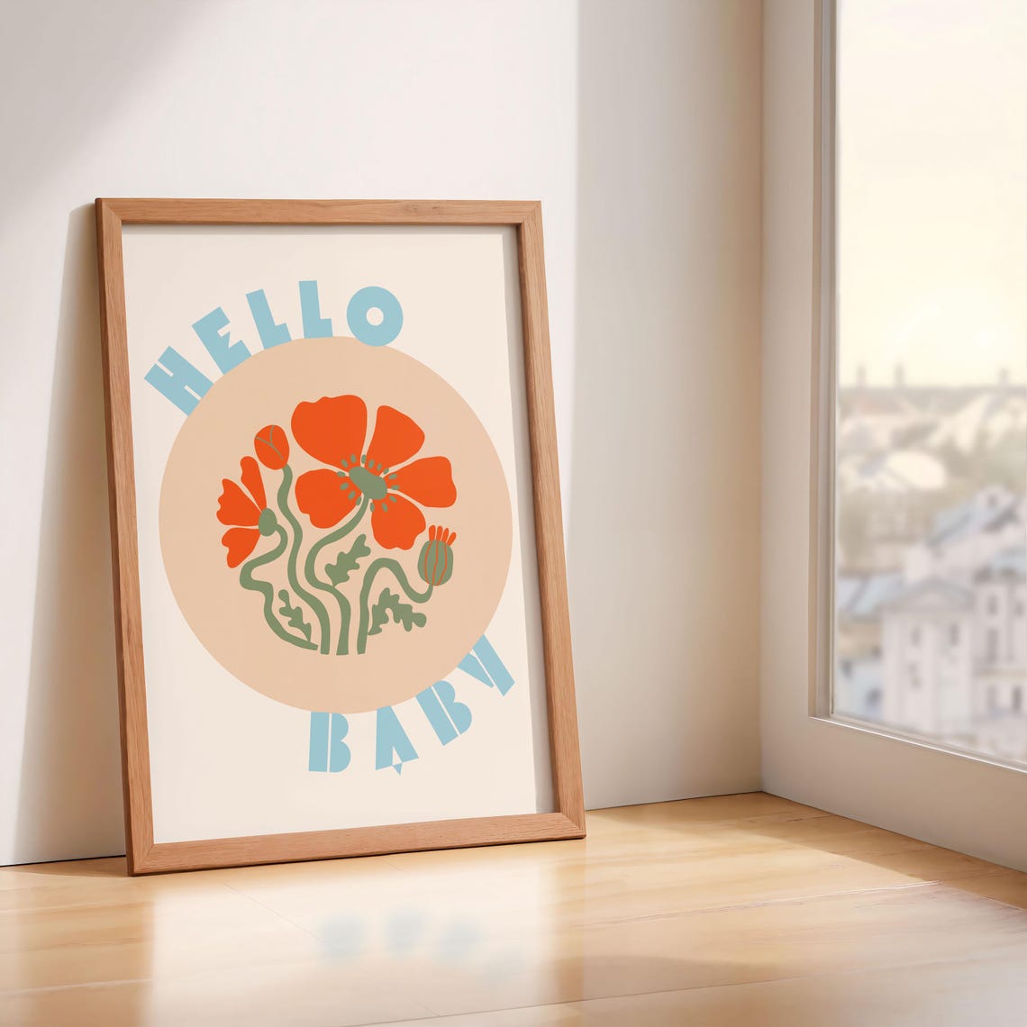 Hello Baby Retro Floral Nursery Poster with Orange Poppy Flower Art - Image 4