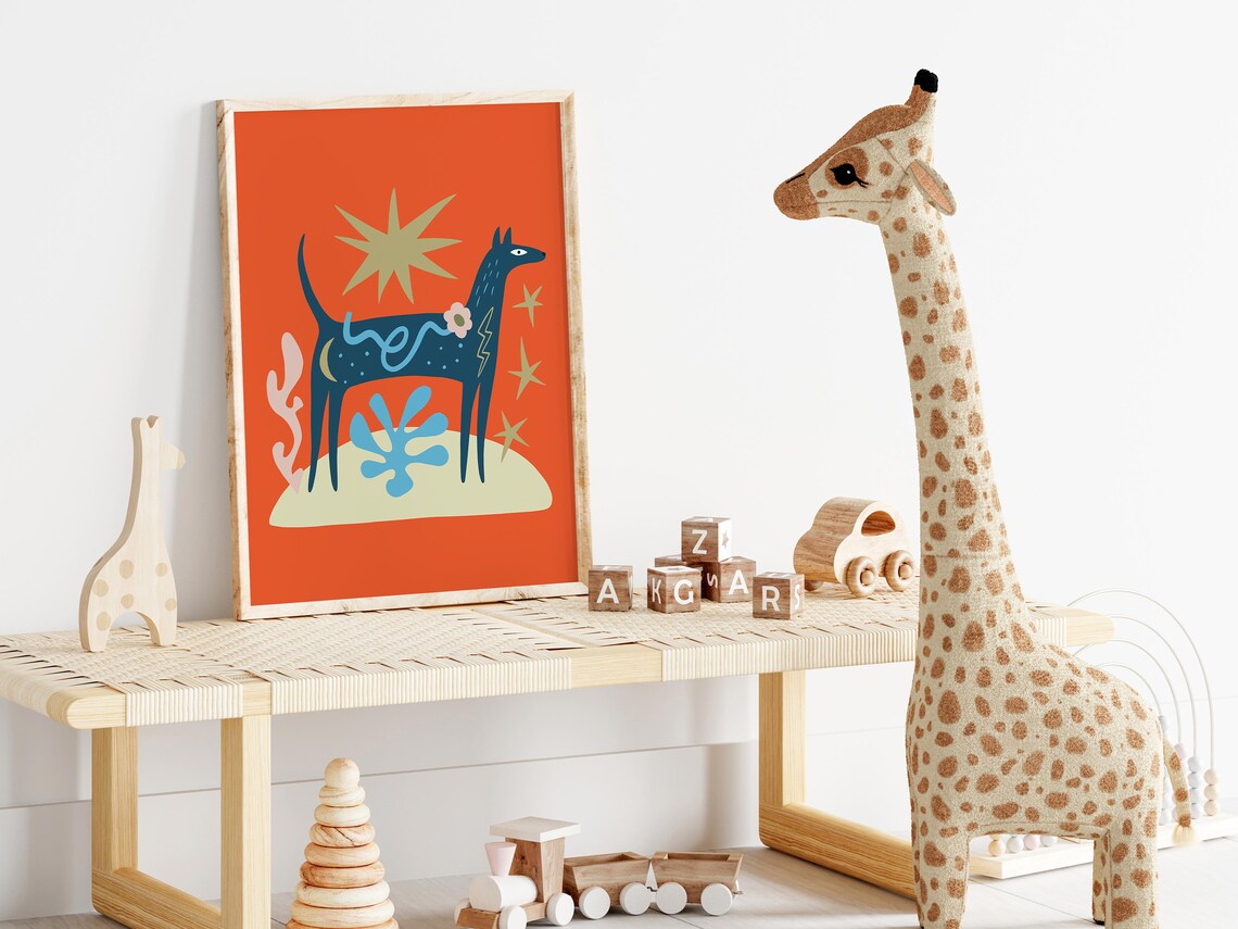 Abstract Blue Dog Poster with Folk Art Sun and Flower Motif Design - Image 5
