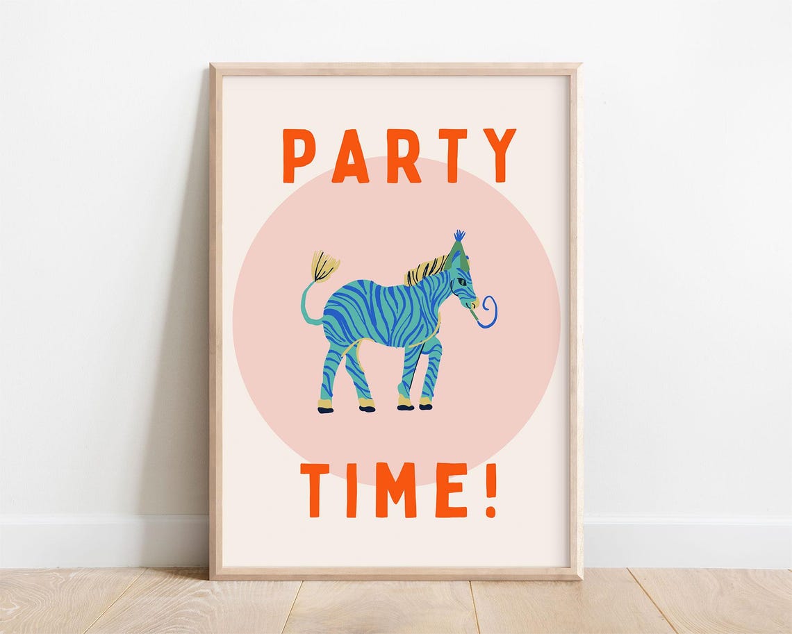Party Time Blue Zebra Birthday Kids Celebration Room Wall Poster