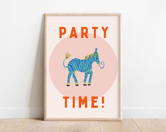 Party Time Blue Zebra Birthday Kids Celebration Room Wall Poster