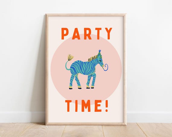Party Time Print Kids Wall Art Fun Playroom Poster Whimsical Nursery Decor Colorful Gallery Wall Toddler Bedroom Quirky Zebra Gift