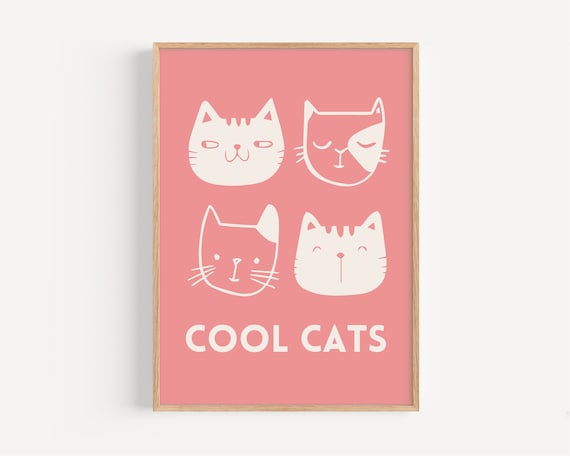 Cool Cats Four Funny Cat Faces Soft Pink Kids Room Wall Poster