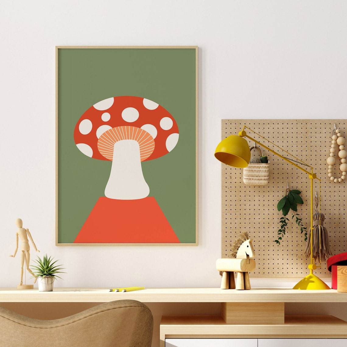 Red Spotted Mushroom Poster with Retro Sage Green Woodland Art - Image 3
