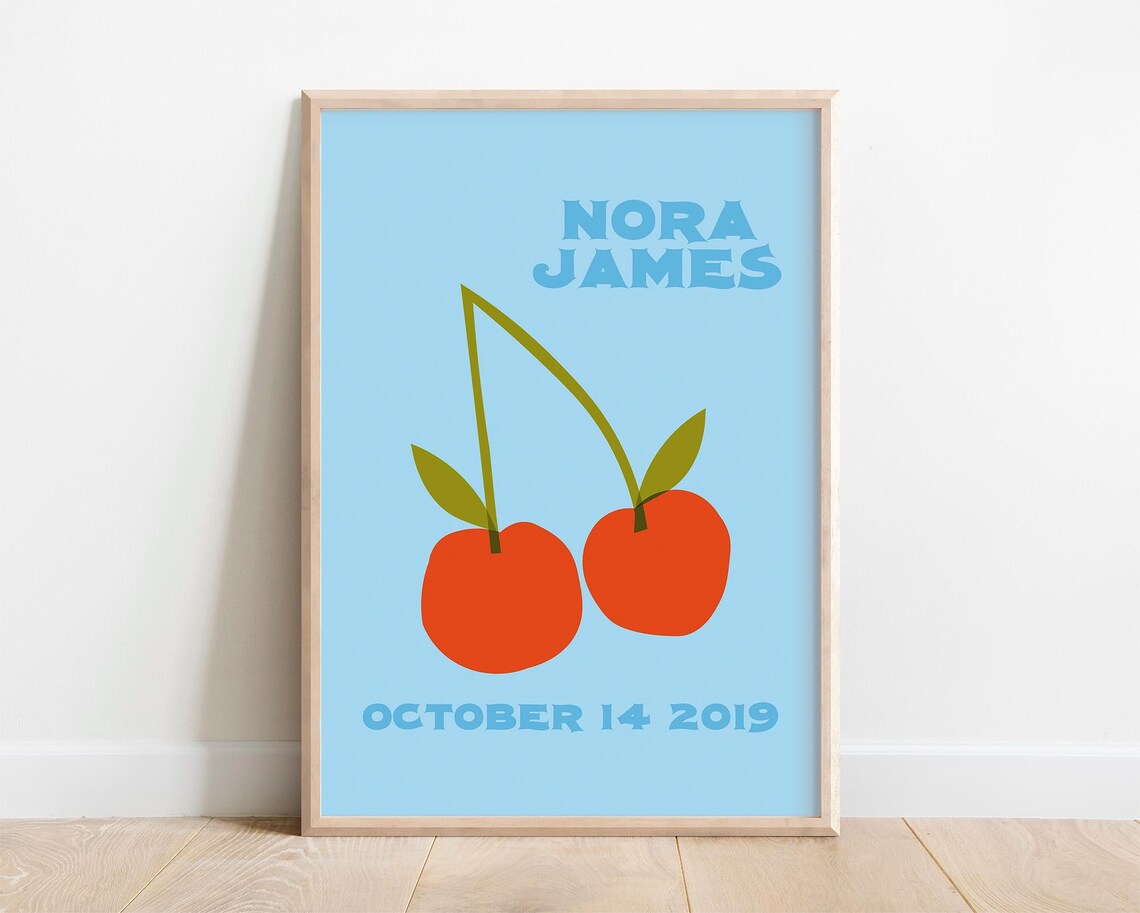 Custom Name Cherries Birthdate Kids Art Print - Image 3