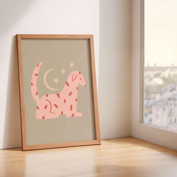 Boho Pink Spotted Dog Moon Stars Sage Nursery Bedroom Wall Art