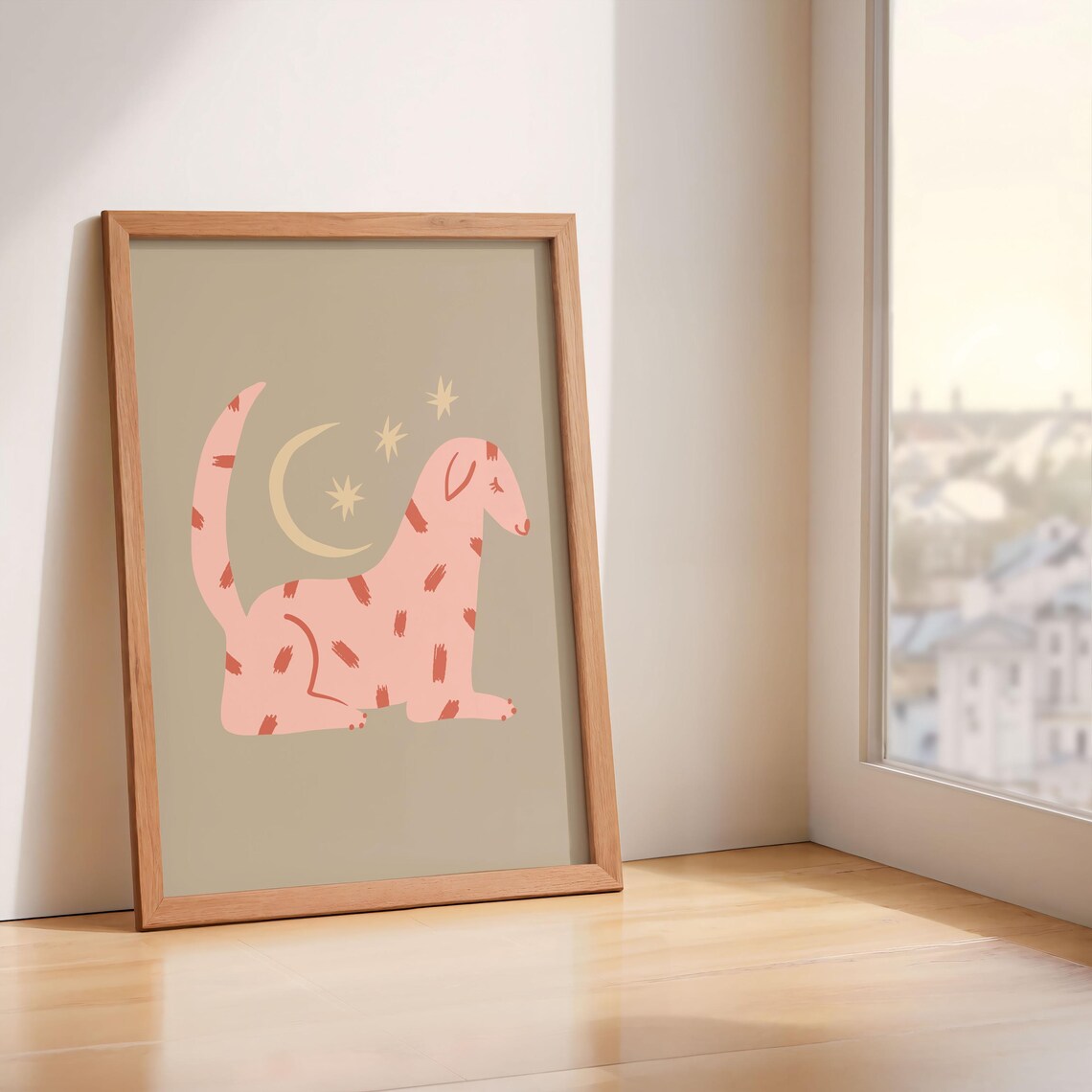 Boho Pink Spotted Dog Moon Stars Sage Nursery Bedroom Wall Art