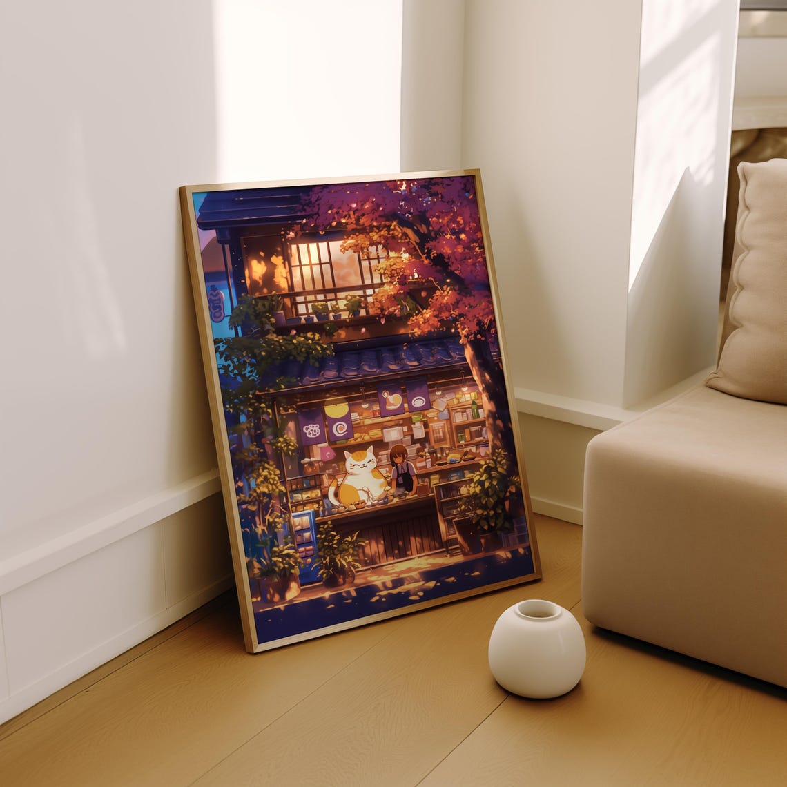 Japanese Storefront Giant Calico Cat Cozy Anime Shop Art Poster - Image 2