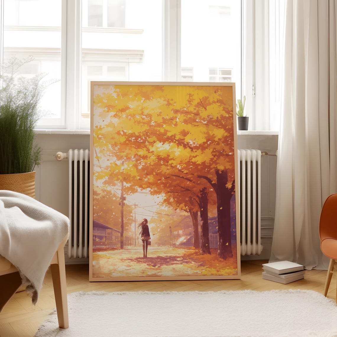 Lone Anime Girl on Autumn Road Under Blazing Orange Canopy Poster - Image 4