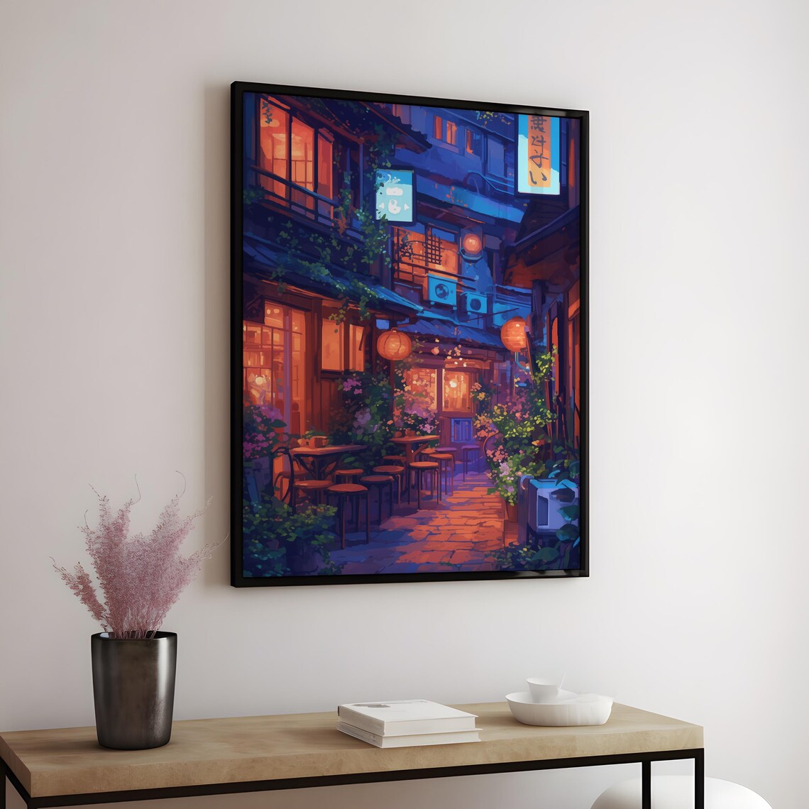 Cozy Japanese Alley Cafe at Night With Lanterns Anime Poster - Image 3