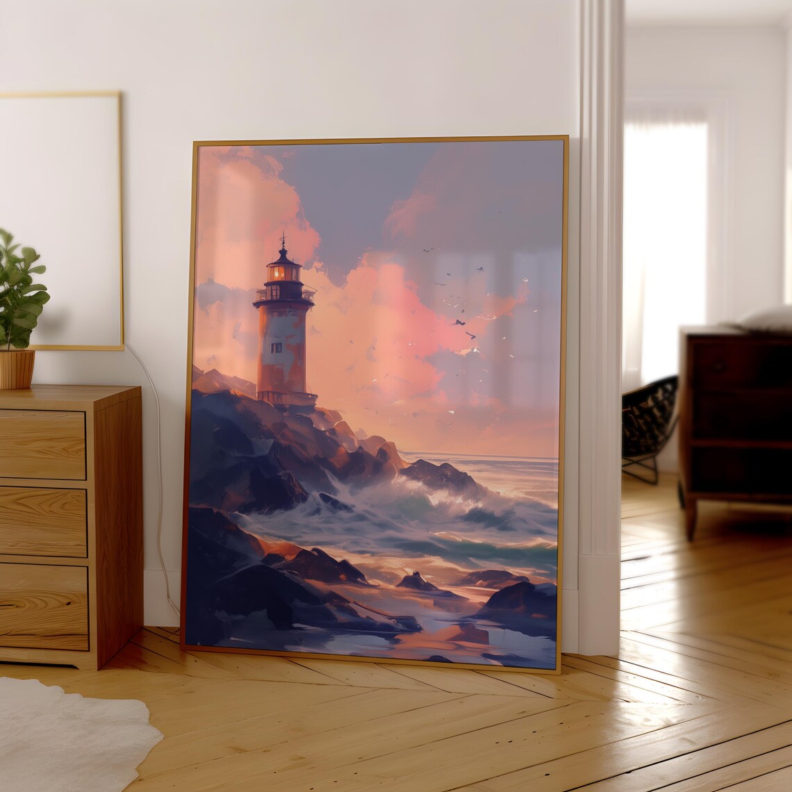 Anime Lighthouse Rocky Coast Sunset Pastel Clouds Seascape Poster - Image 4