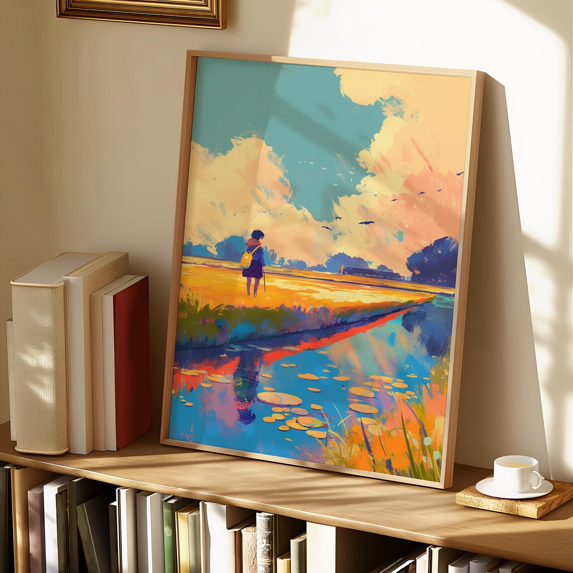 Tranquil Countryside Girl Golden Field Stream Lilies Lofi Art Poster - Image 2