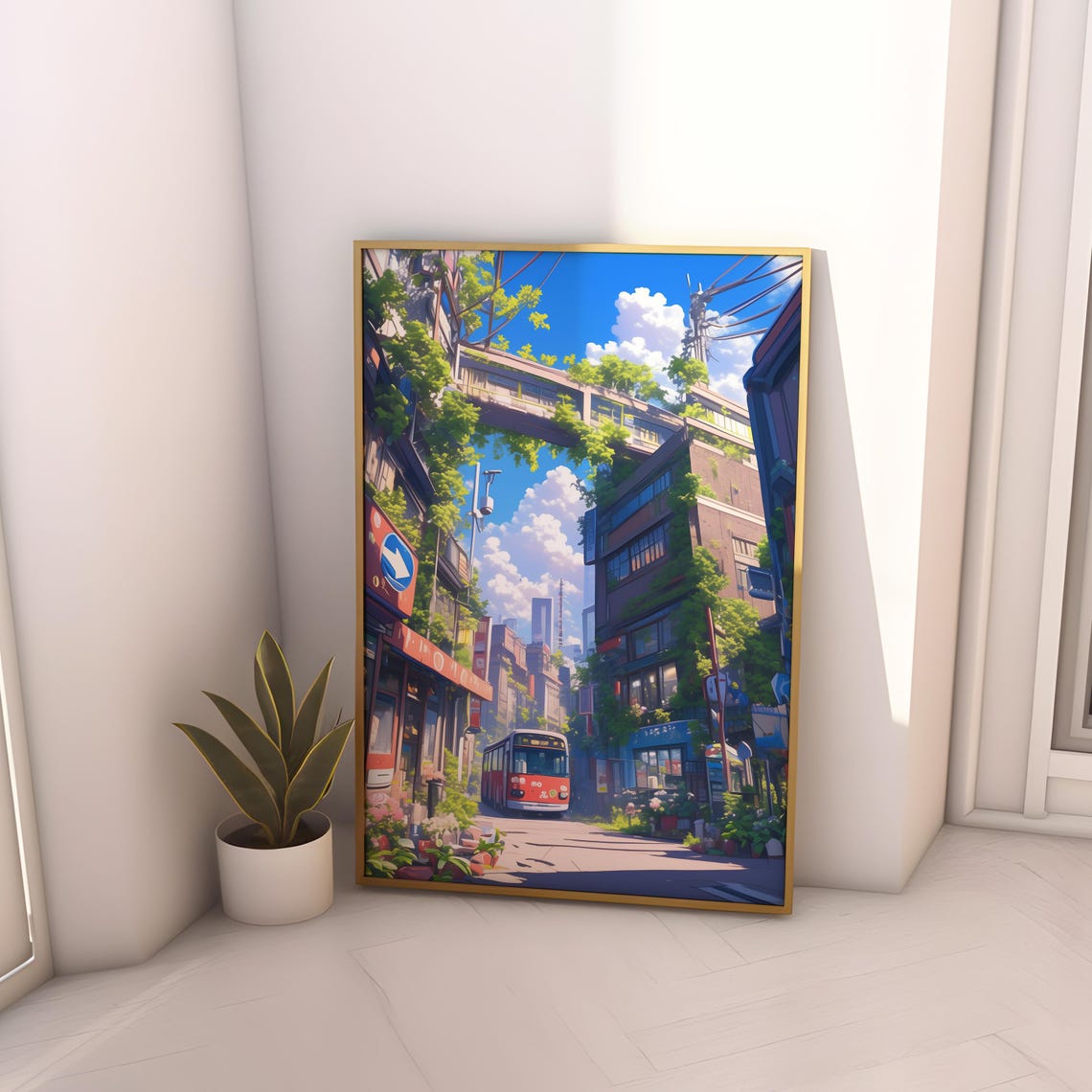 Red Bus on Leafy Vine Covered City Street Anime Scene Poster - Image 4