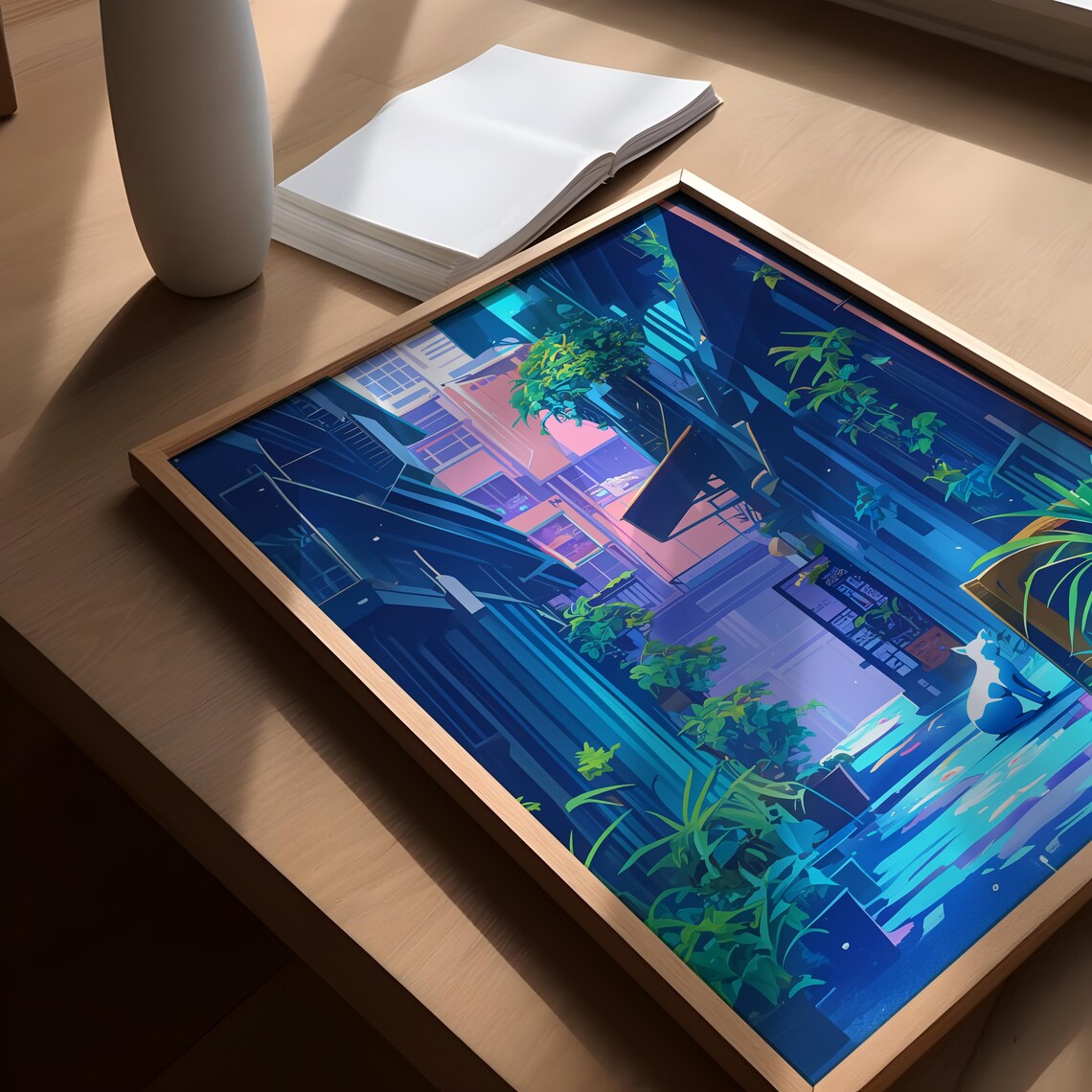 Quiet Anime Alley White Cat Neon Plants Tranquil Cityscape Poster - Image 3