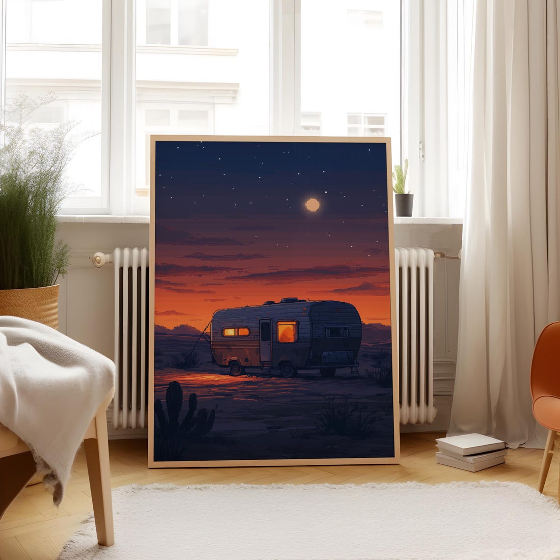 Desert Sunset Camper Van Pixel Art Poster Tranquil Night Sky Camping Scene Vintage Rv Art Travel And Adventure Wall Decor - Image 4