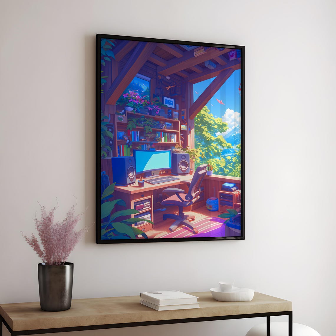 Cozy Anime Home Studio Desk Mountain View Sunlit Workspace Poster - Image 4