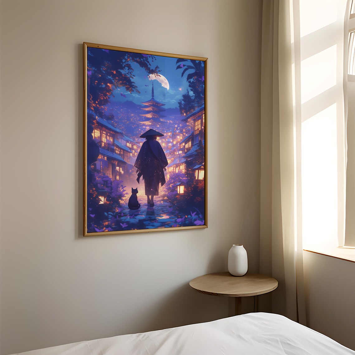Moonlit Japanese Village Street With Glowing Pagoda and Cat Poster - Image 3