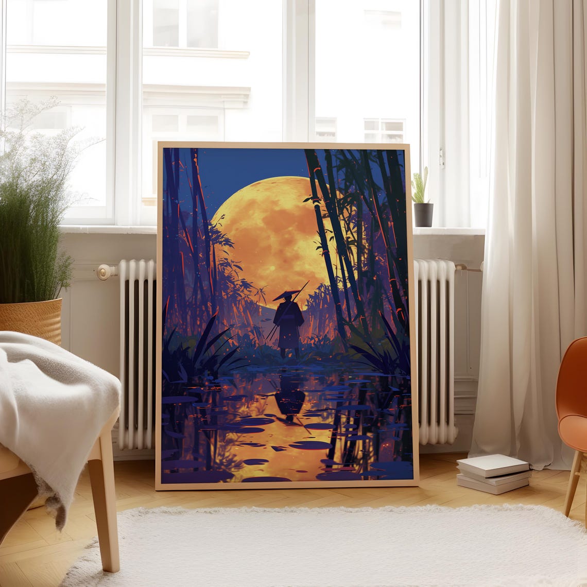 Anime Samurai Bamboo Forest Giant Moon Night Reflection Poster - Image 4