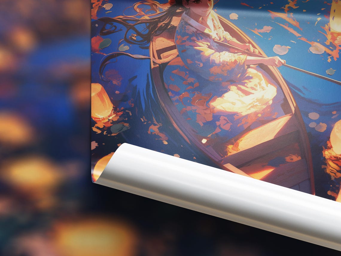 Japanese Kimono Girl Rowing Boat Floating Lanterns Night Water Poster - Image 3