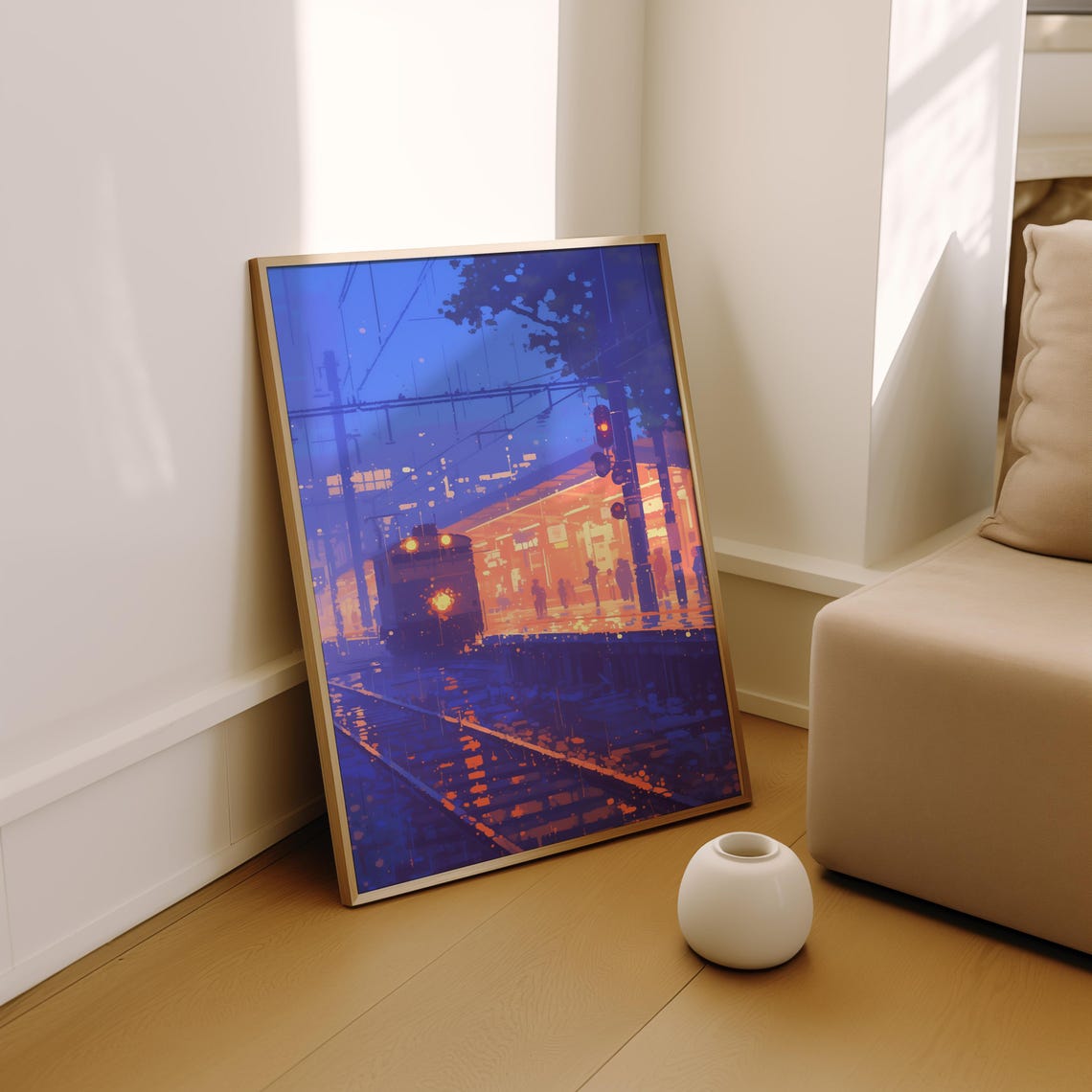 Rainy Night Train Station With Arriving Train Anime Scene Poster - Image 2