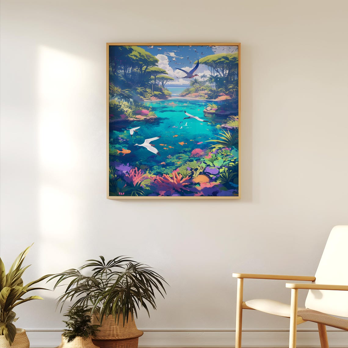 Vivid Tropical Lagoon With Seabirds and Coral Reef Anime Poster - Image 3