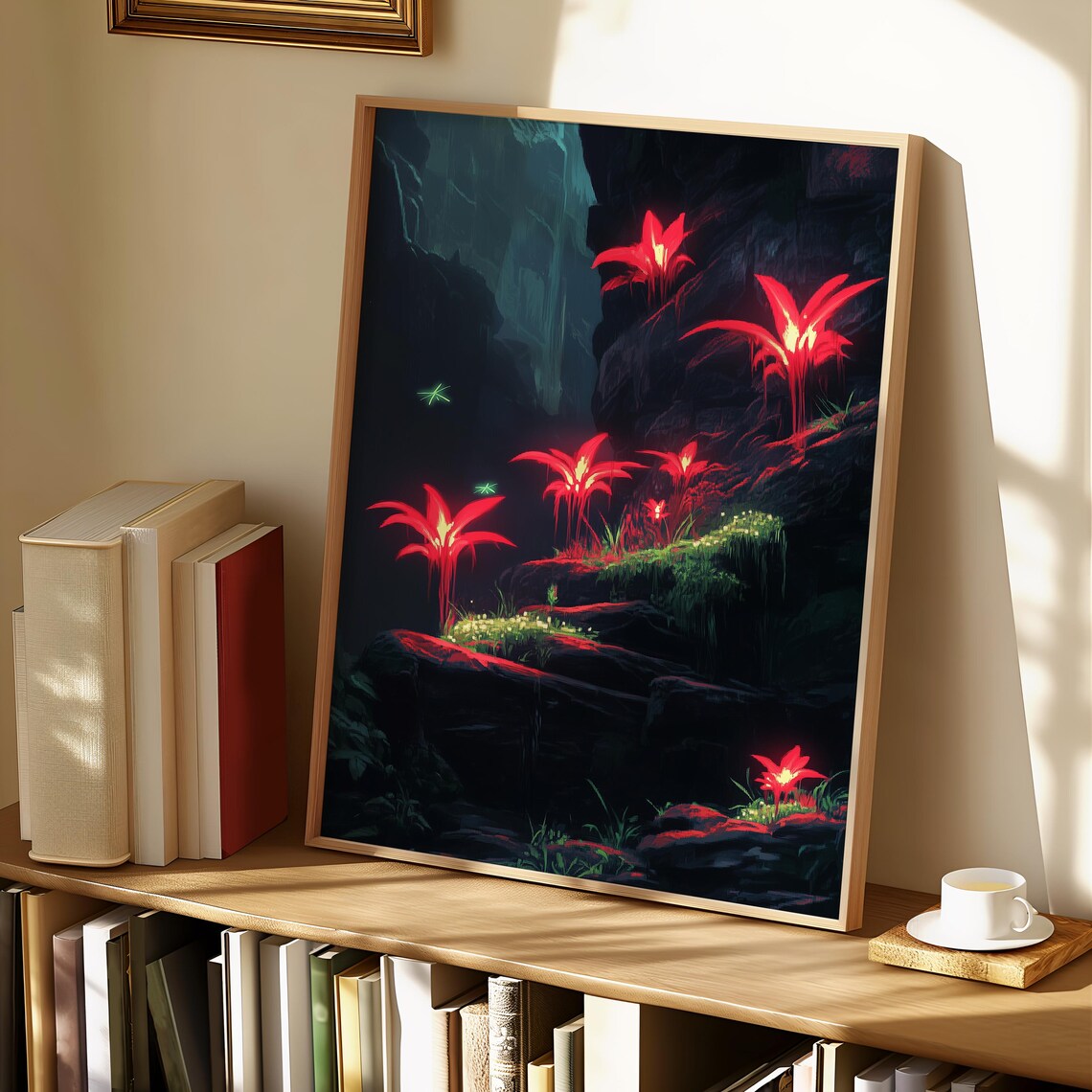 Enchanted Cave Glowing Red Flowers Mystical Dark Fantasy Floral Poster - Image 4