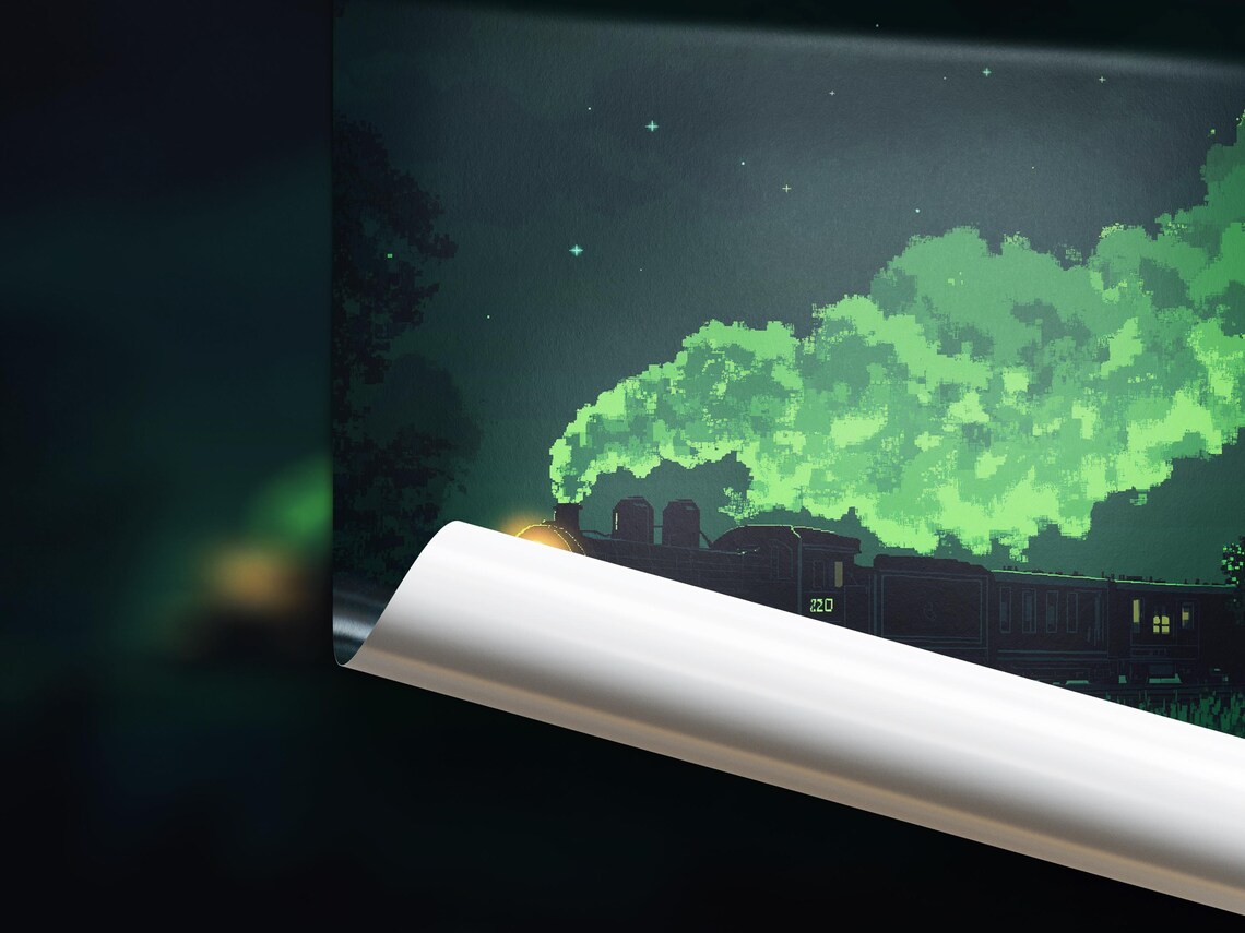 Pixel Art Steam Locomotive Night Green Smoke Retro Train Art Poster - Image 3