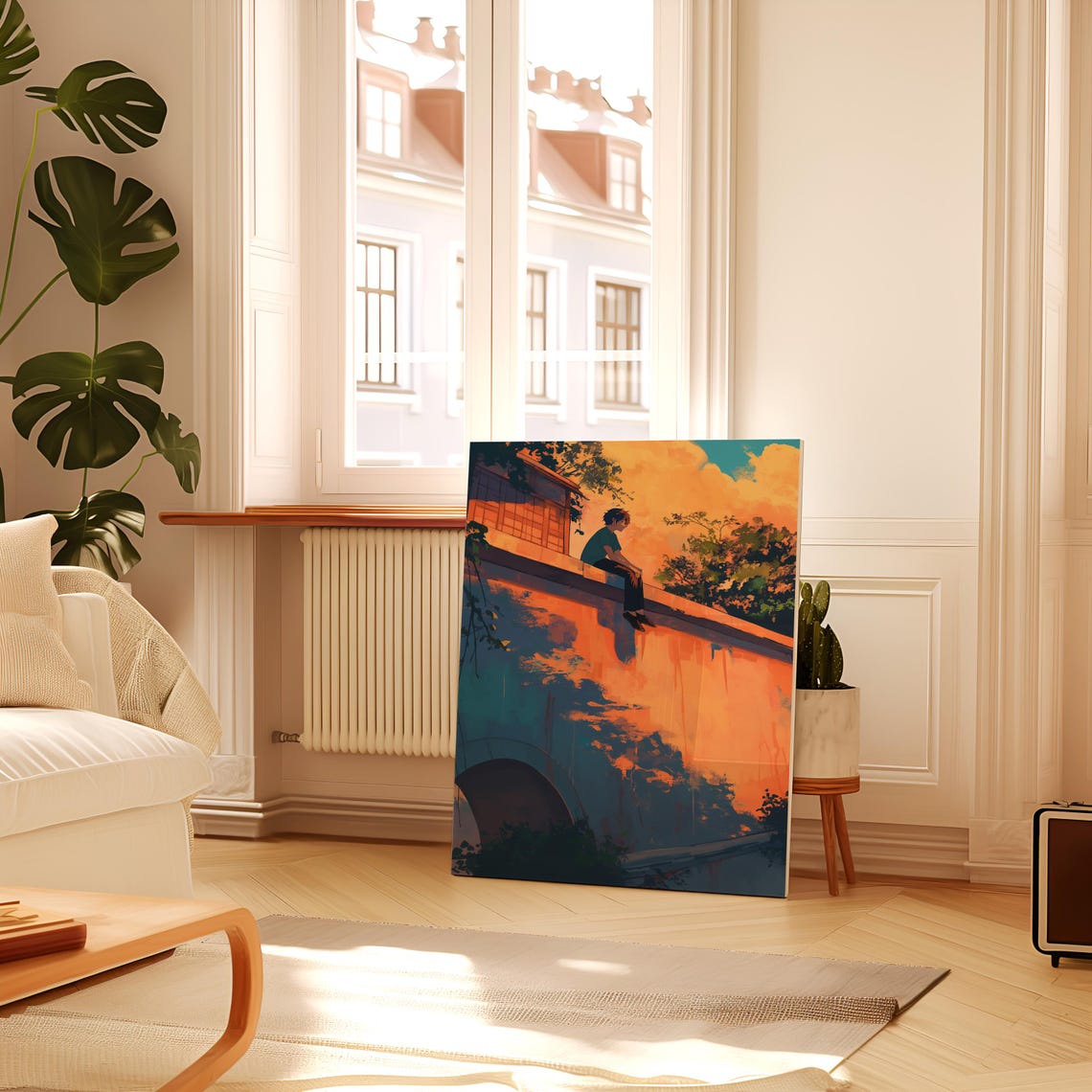 Anime Boy Sunset Bridge Ledge Golden River Reflection Lofi Art Poster - Image 2