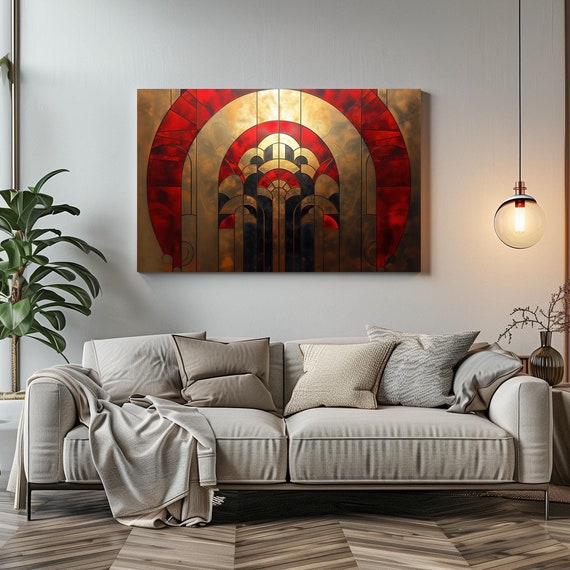 1920s Red And Gold Art Deco Sleek Print Bold Statement Vibrant Metallic Look Geometric Colorful Shapes Zig Zags Rustic Art