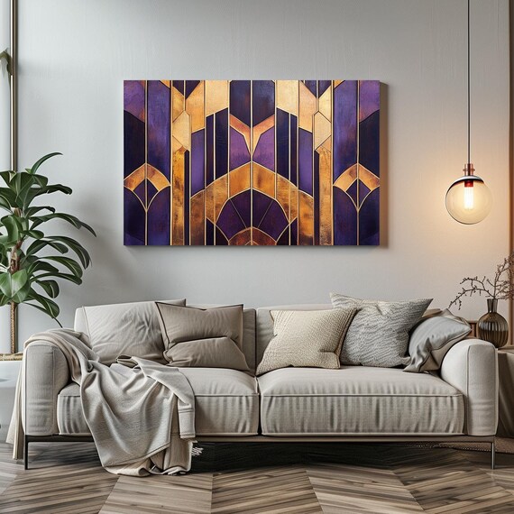 Purple And Gold Art Deco 1920s Sleek Print Bold Statement Vibrant Metallic Look Geometric Colorful Shapes Zig Zags Rustic Art