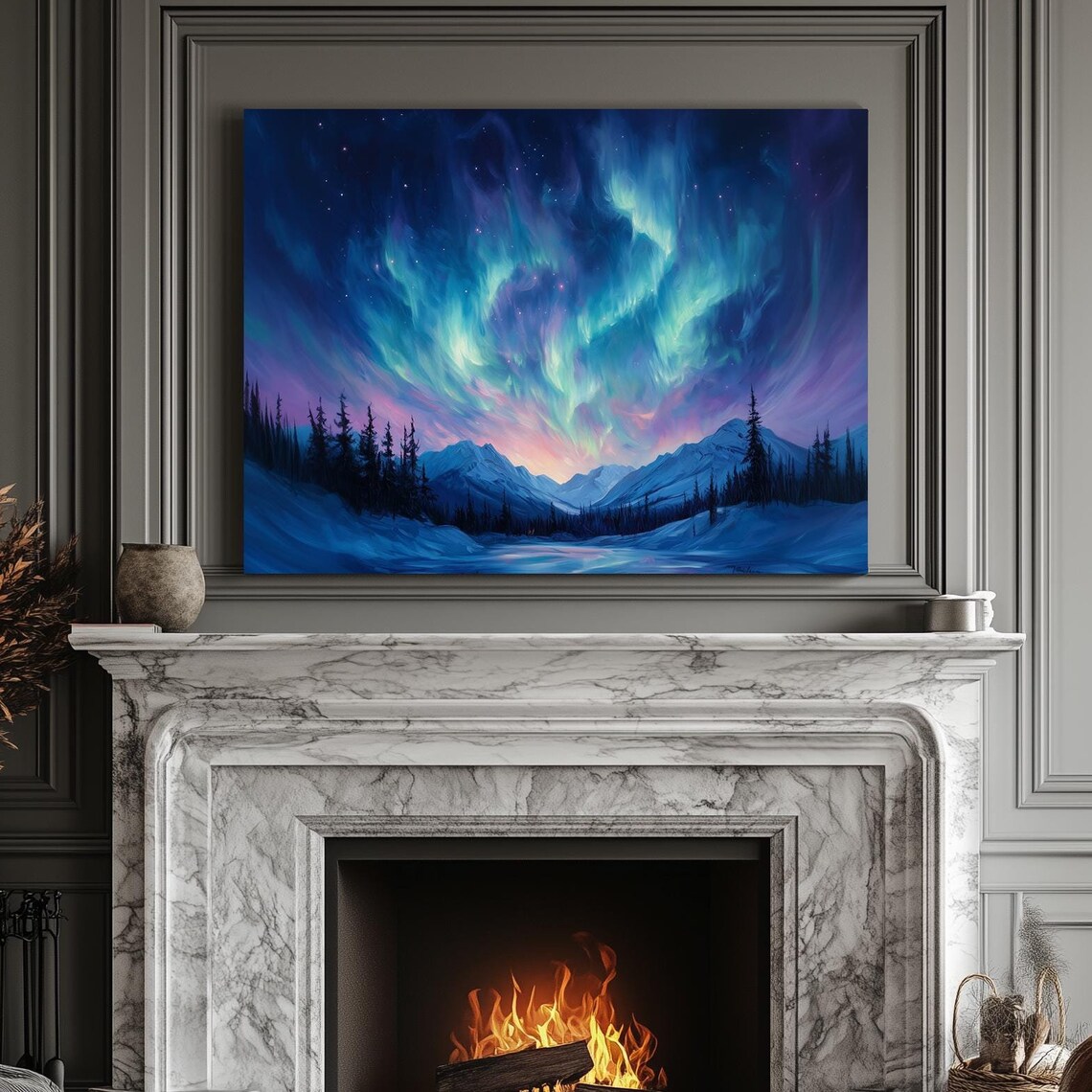 Aurora Borealis Dancing Over Snowy Pines and Mountain Lake Print