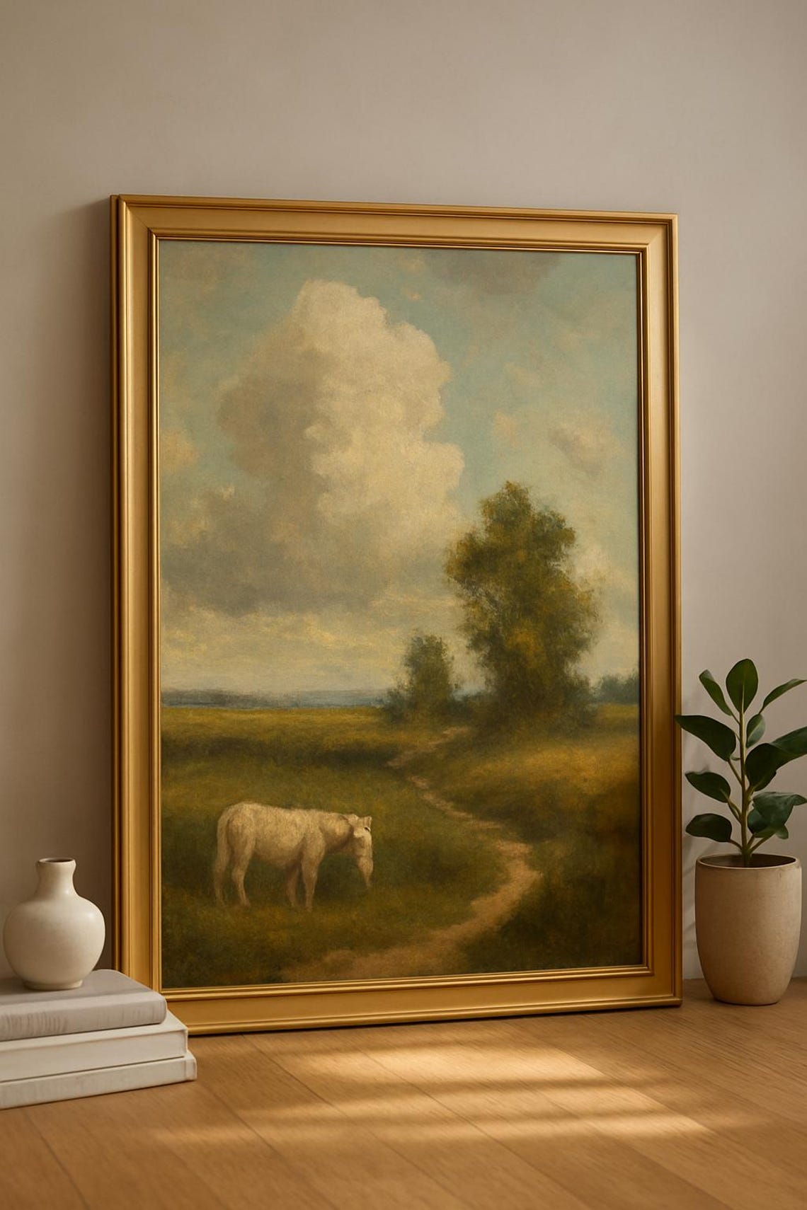 Rustic White Donkey Countryside Landscape Farm Animal Pasture Poster