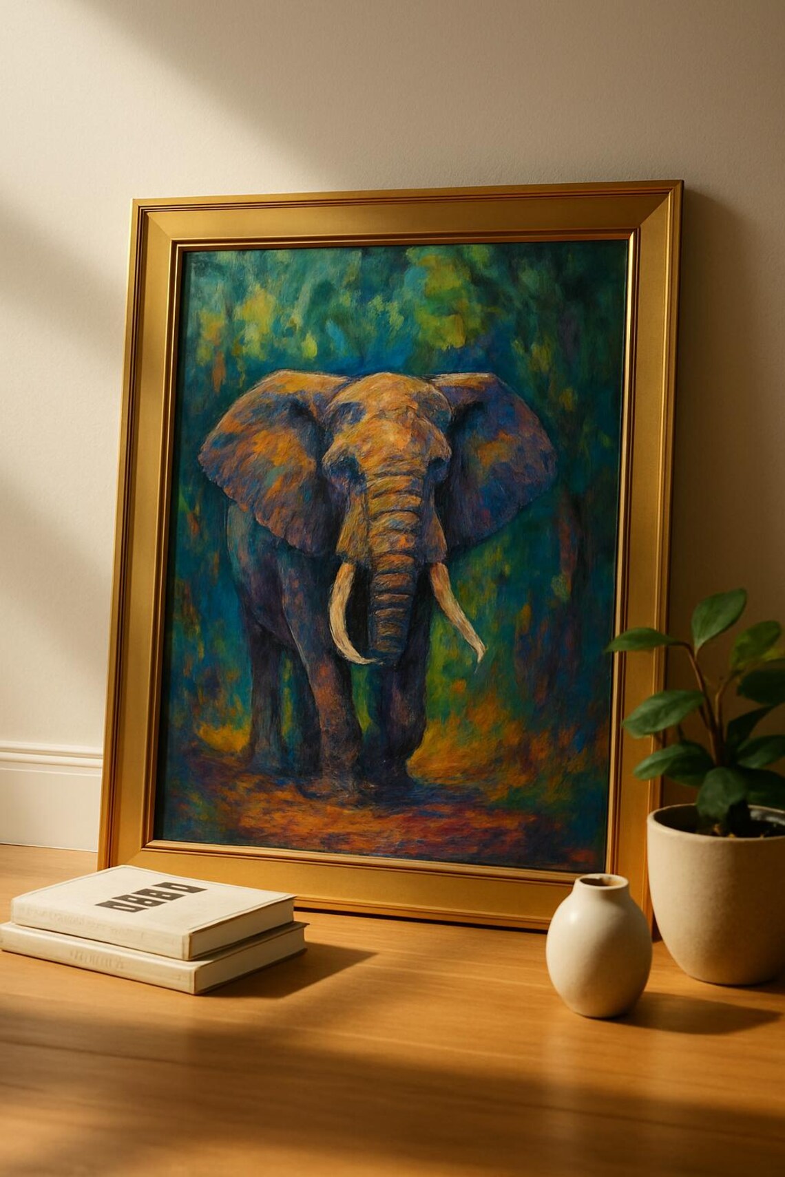 Elephant Portrait Painting Poster Teal Jungle Tones Majestic Tusker
