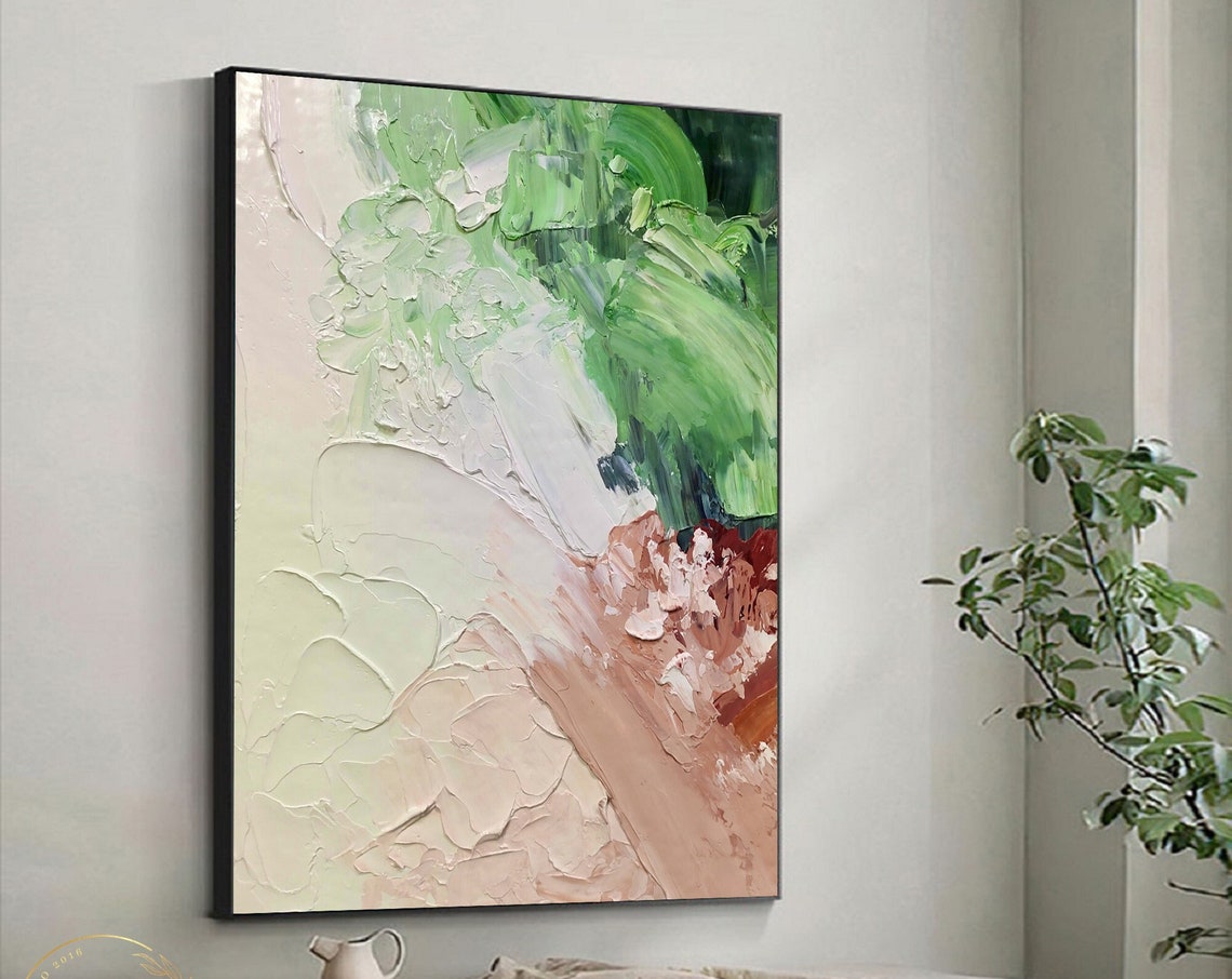 Large Green Texture Art 3d Texture Painting Original Green Oil Painting Beige Abstract Painting Modern Wall Art Minimalist Painting - Image 4