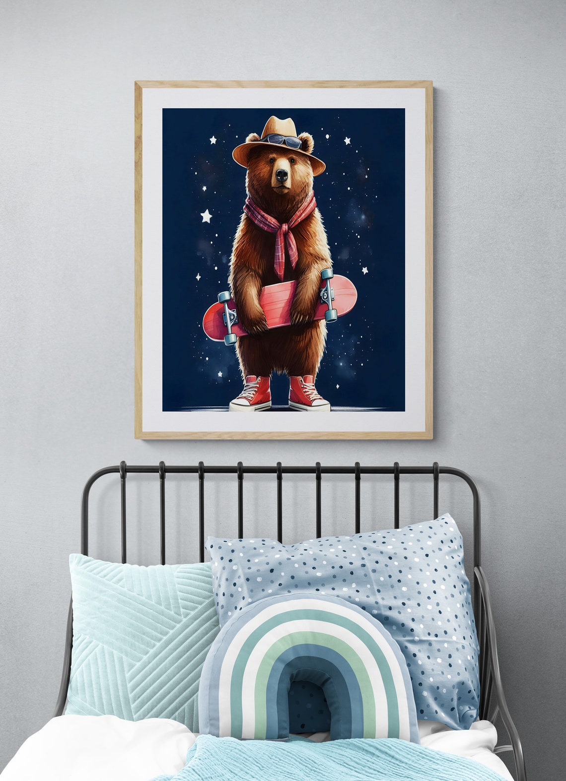 Cool Bear with Skateboard Navy Starry Cute Nursery Animal Art Poster - Image 2