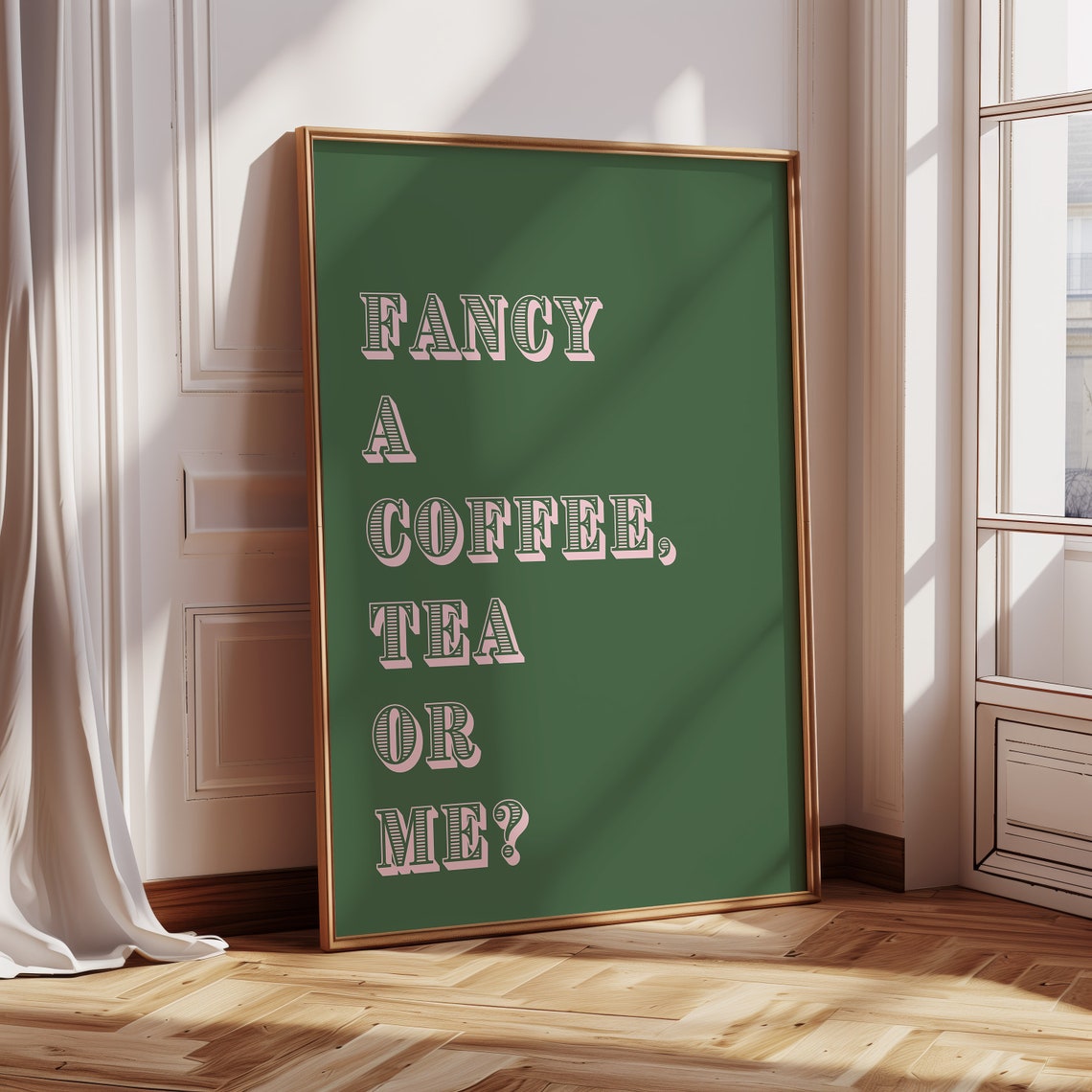 Fancy a Coffee Tea or Me Dark Green Pink Retro Kitchen Quote Poster - Image 3