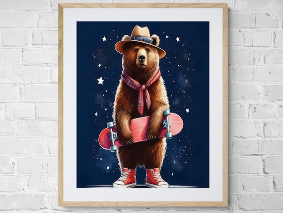 Cool Bear with Skateboard Navy Starry Cute Nursery Animal Art Poster