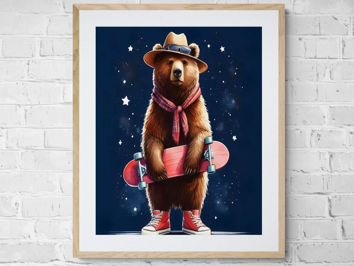 Cool Bear with Skateboard Navy Starry Cute Nursery Animal Art Poster