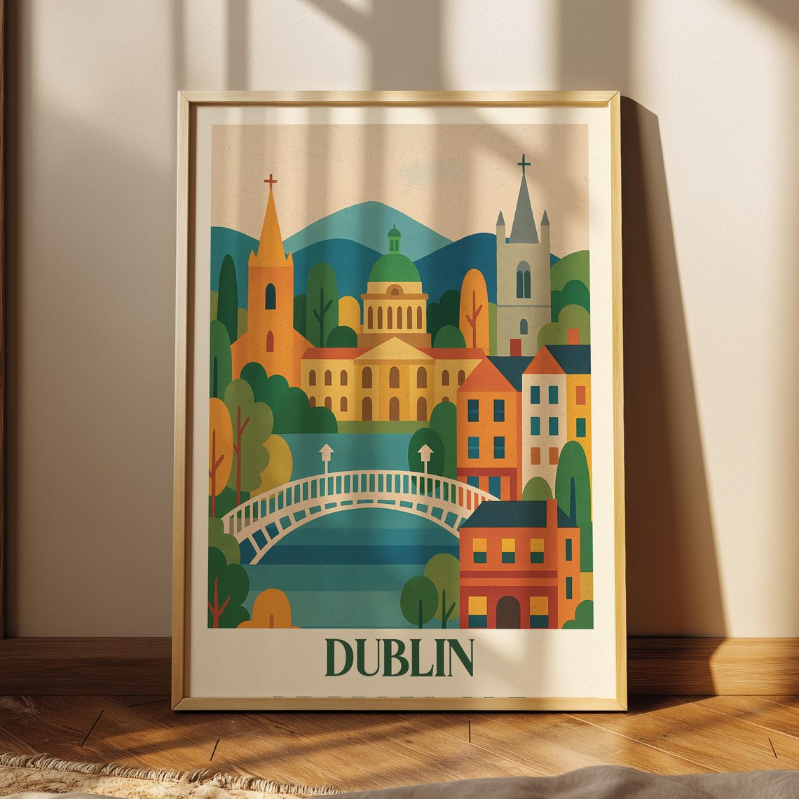 Dublin City Skyline Travel Poster With River Bridge and Church Spires