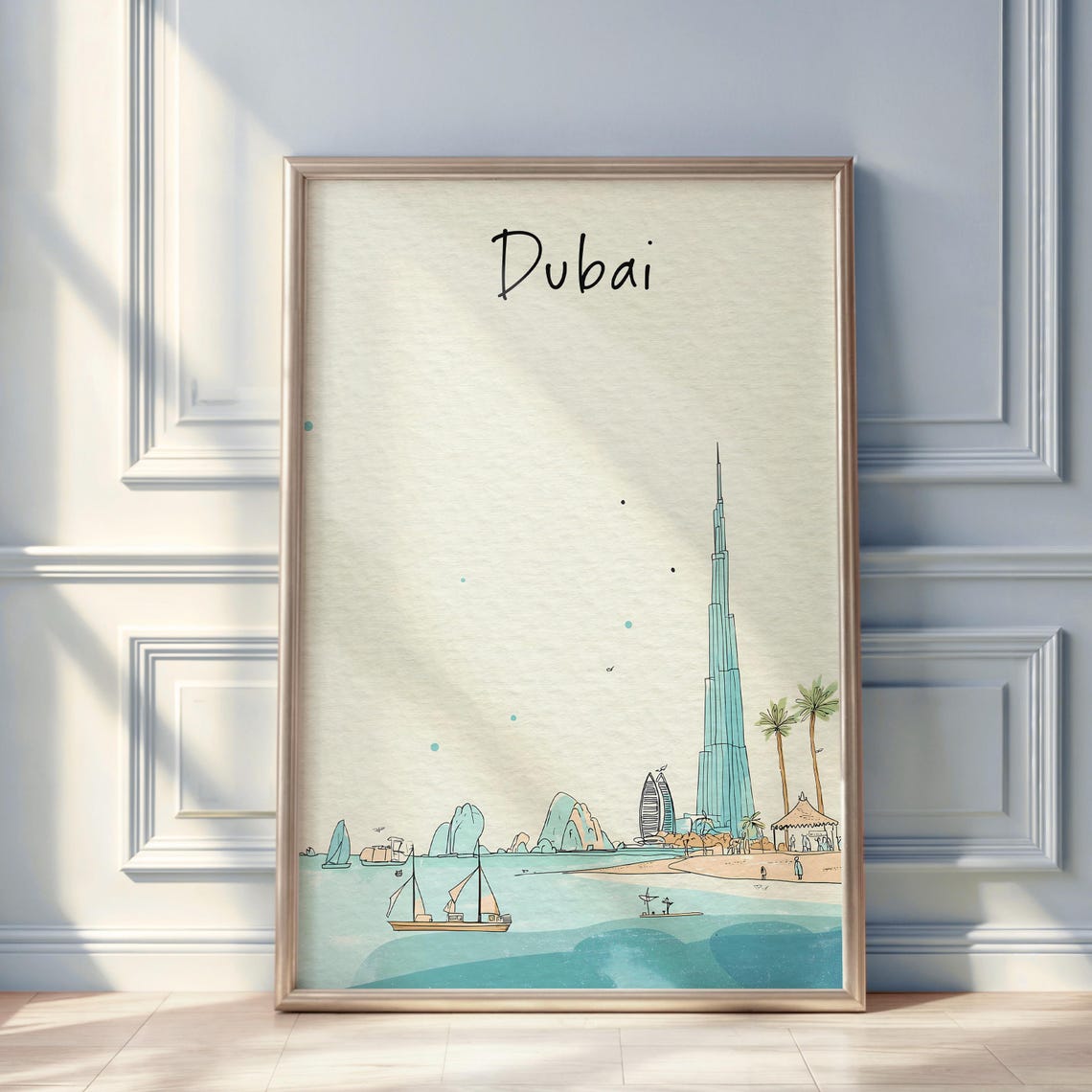 Dubai Watercolor Skyline Poster Burj Khalifa Beach Minimal City Art