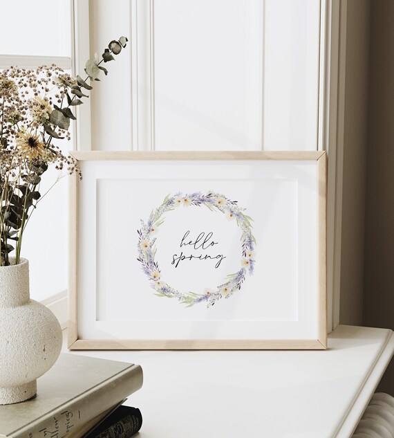 Hello Spring Lavender Floral Wreath Watercolor Farmhouse Wall Decor Print