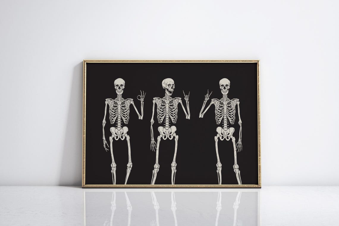 Three Funny Skeletons Black Background Halloween Spooky Decor Poster