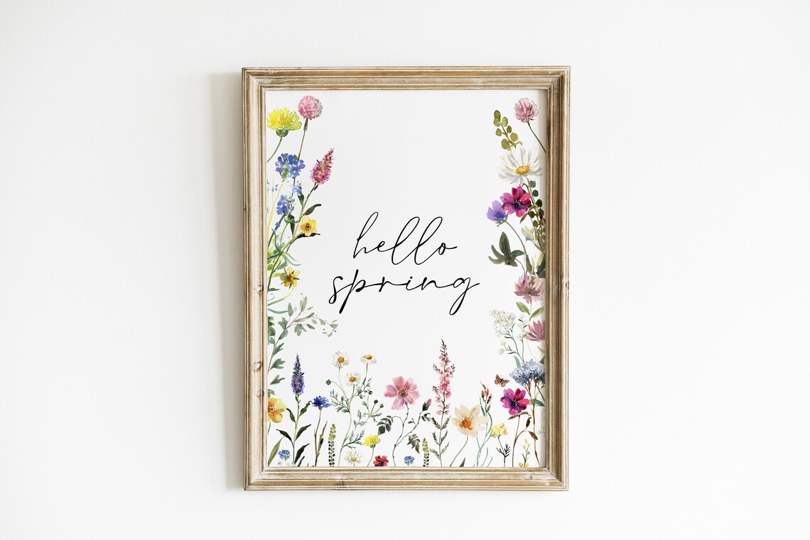 Hello Spring Watercolor Wildflowers Pink Yellow Floral Botanical Poster - Image 2