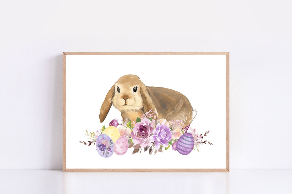 Watercolor Easter Bunny Print Lop Rabbit Purple Floral Bouquet Decor - Image 4