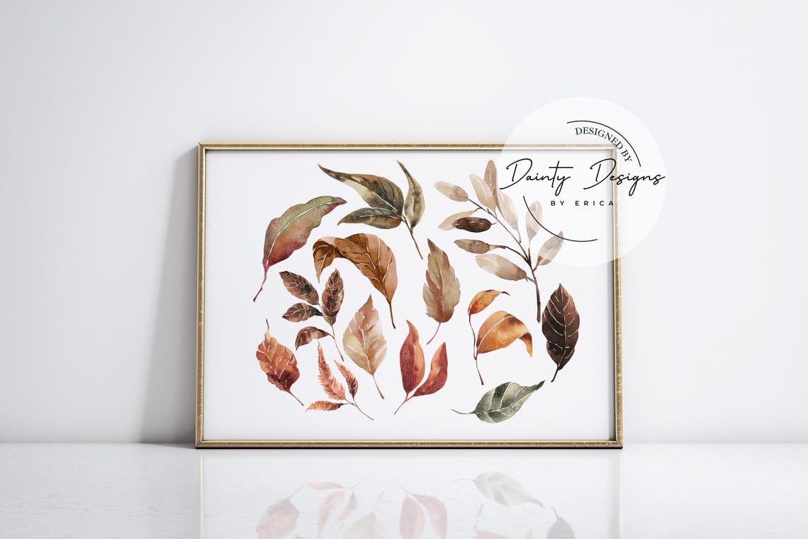 Autumn Falling Leaves Watercolor Poster Rustic Fall Foliage Decor