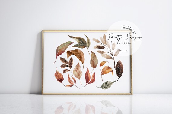 Autumn Falling Leaves Watercolor Poster Rustic Fall Foliage Decor