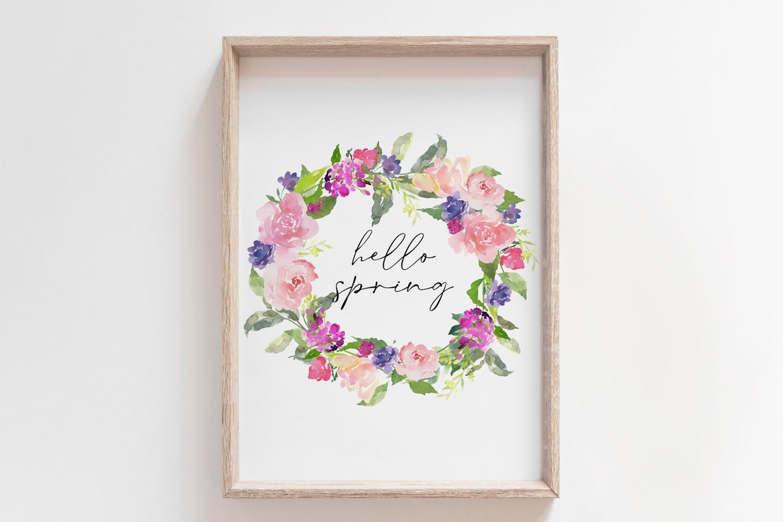 Hello Spring Pink Floral Wreath Watercolor Seasonal Decor Poster - Image 3