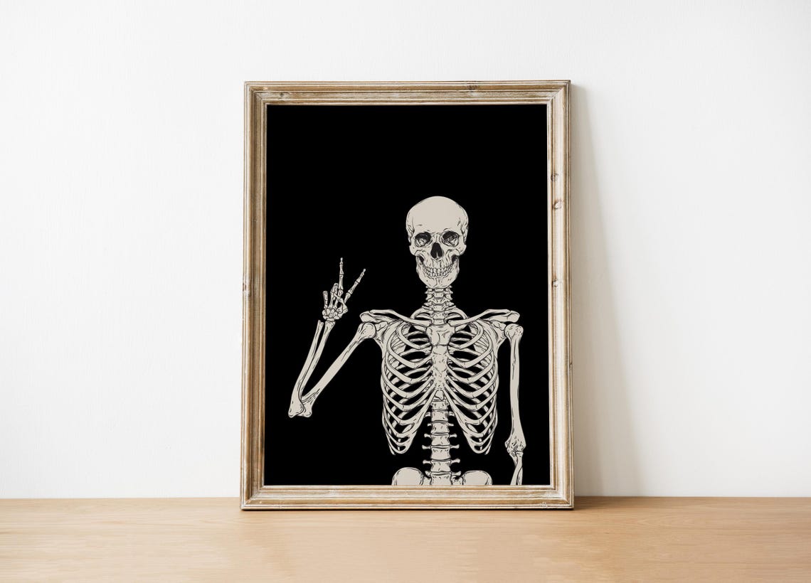 Funny Peace Sign Skeleton Halloween Black Background Art Poster - Image 2