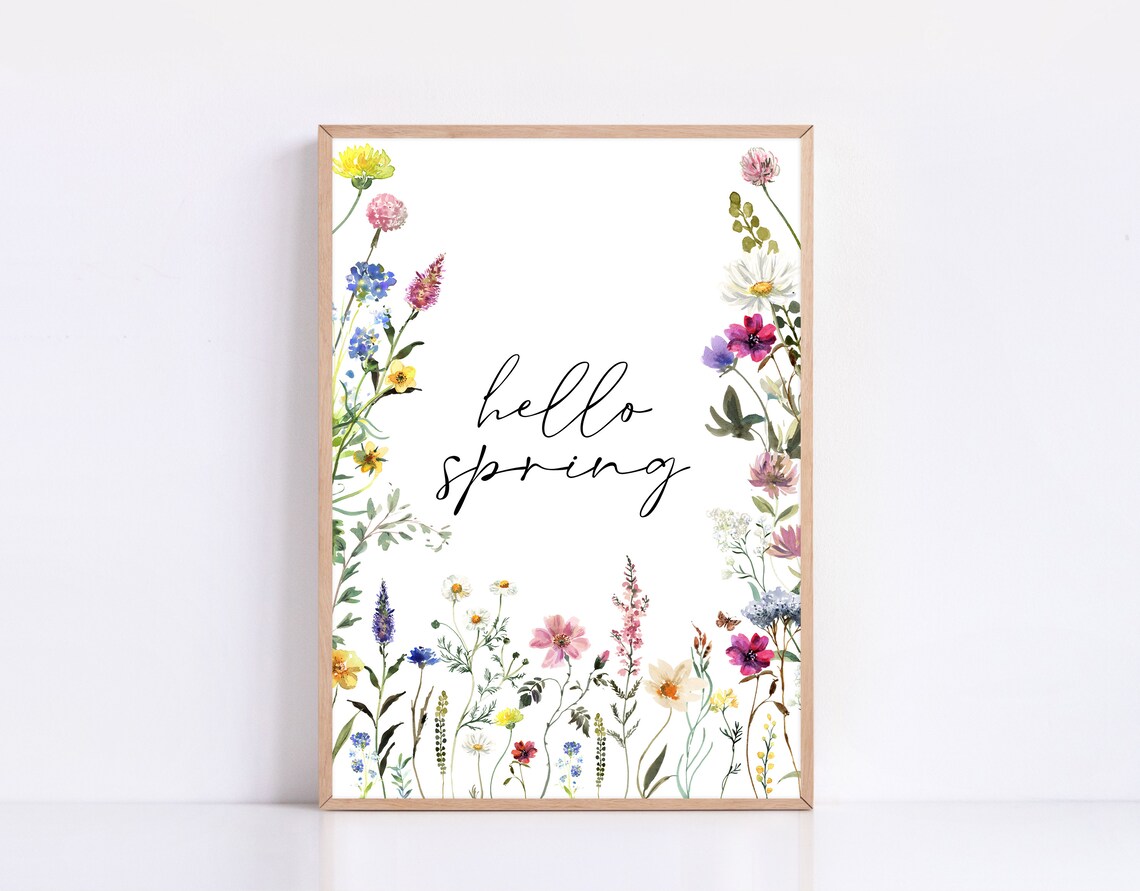 Hello Spring Watercolor Wildflowers Pink Yellow Floral Botanical Poster - Image 4